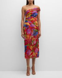 Carolina Herrera - Floral One-Shoulder Ruched Midi Dress With Shoulder Sash - Lyst