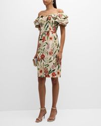 Teri Jon - Floral-Print Off-Shoulder Stretch Cotton Dress - Lyst