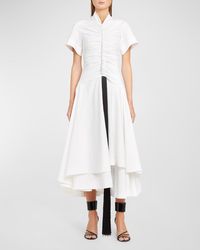 Ferragamo - Ruched Short-Sleeve Drop-Waist Poplin Midi Dress With Removable Tassel - Lyst