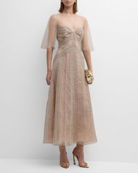 Lela Rose - Embroidered Short-Sleeve Glitter Tulle Illusion Midi Dress - Lyst