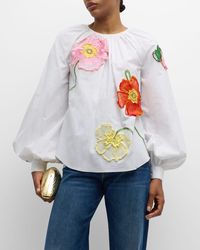 Oscar de la Renta - Poppy-Embroidered Long-Sleeve Oversized Cotton Blouse - Lyst