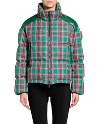Moncler Chou Plaid Puffer Jacket W/ Contrast Shoulders - Green