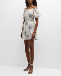 LoveShackFancy - Smocked Floral Puff-sleeve Mini Dress - Lyst