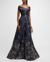 Teri Jon - Pleated Off-Shoulder Floral Jacquard Gown - Lyst