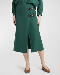 Loro Piana - Structured Linen Midi Skirt With Leather Belted Detail - Lyst