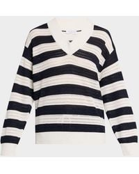 Brunello Cucinelli - Sparkling Striped Cotton Net Knit V-Neck Sweater - Lyst