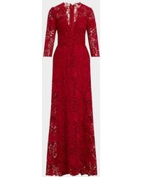 Monique Lhuillier - Plunging 3/4-Sleeve Guipure Lace Gown - Lyst