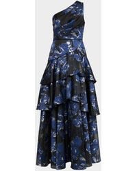 Aidan Mattox - Tiered One-Shoulder Floral Jacquard Gown - Lyst