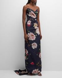 Monique Lhuillier - Strapless Floral Gazar Gown With Train - Lyst