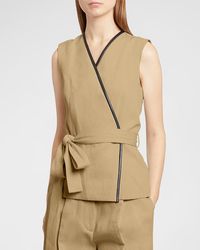 Proenza Schouler - Elliot Leather-Piping Belted Cotton-Linen Sleeveless Wrap Top - Lyst