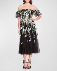 Marchesa - Off-Shoulder Embroidered Tulle Midi Dress - Lyst