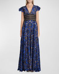 Talbot Runhof - V-Neck Cap-Sleeve Cornflower Embroidered Lace Gown - Lyst