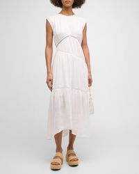 FRAME - Gathered Seam Lace Inset Midi Dress - Lyst
