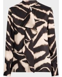 St. John - Zebra-Print Ruffle Long-Sleeve Blouse - Lyst