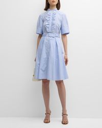 Maison Common - Striped Eyelet-Collar Belted Short-Sleeve Shirtdress With Detachable Jabot - Lyst