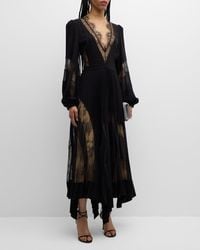 Zuhair Murad - Plunging Long-Sleeve Plisse Crepe Chiffon Lace Asymmetrical Midi Dress - Lyst
