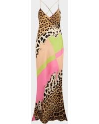 Roberto Cavalli - Colorblock Jaguar-Print Silk Maxi Slip Dress - Lyst
