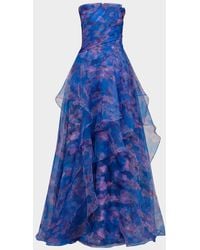 ml monique lhuillier mila chiffon print strapless maxi dress Pleated Gown in Green Size:3XS_2-4 Victorian Lilac Stiletto City - A Gown green sculpting the bodice and