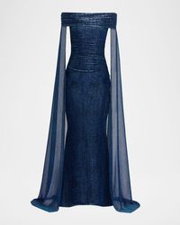 Talbot Runhof - Metallic Off-The-Shoulder Cape Gown - Lyst