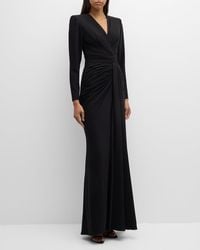 Zuhair Murad - V-Neck Strong-Shoulder Draped Cady Long-Sleeve Gown - Lyst