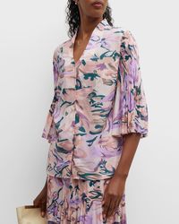 Misook - Crepe De Chine Floral-print Blouse With Pleated Bell Sleeves - Lyst