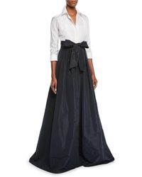 Teri Jon Two-tone 3/4-sleeve Taffeta Shirtdress Gown - Black