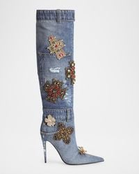 Dolce & Gabbana - 105Mm Embellished Patchwork Denim Knee-High Boots - Lyst