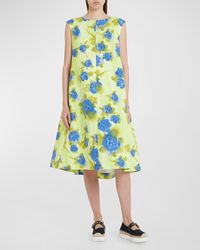 Marni - Flared Floral-Print Dress With Wide Cape Back - Lyst
