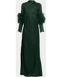 LAPOINTE - Feather-Trim Long-Sleeve Satin Maxi Dress - Lyst