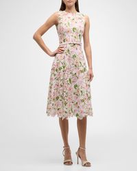 Oscar de la Renta - Poppies-Print Guipure Belted Sleeveless Midi Dress - Lyst