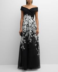 Teri Jon - Off-Shoulder Embroidered Crepe Gown - Lyst