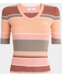 Chloé - Striped Crewneck Rib Knit Cotton Top - Lyst
