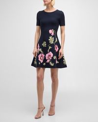 Oscar de la Renta - Jewel-Neck Poppies Jacquard Short-Sleeve Mini Dress - Lyst