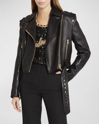 Balmain - Cropped Leather Moto Jacket With Belted Waist - Lyst