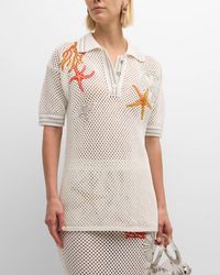 Versace - Coral Embroidered Short-Sleeve Crochet-Knit Polo Sweater - Lyst