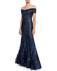 Rene Ruiz Metallic Lace Off-the-shoulder Short-sleeve Mermaid Gown - Blue