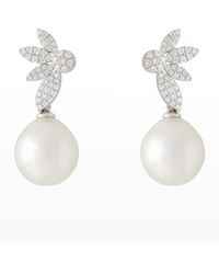 Pearls By Shari - 18k White Gold 11mm South Sea Pearl And Diamond Flower Leaf Earrings - Lyst