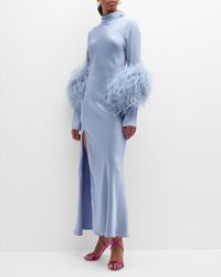 LAPOINTE - Feather-Trim Mock-Neck Long-Sleeve Slit Satin Bias Gown - Lyst