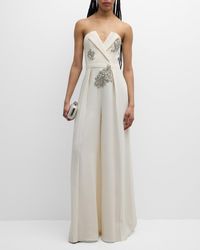 Zuhair Murad - Crystal Embroidered Crossed Strapless Wide-Leg Cady Jumpsuit - Lyst