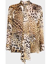 Roberto Cavalli - Jaguar-Print Silk Neck-Tie Blouse - Lyst