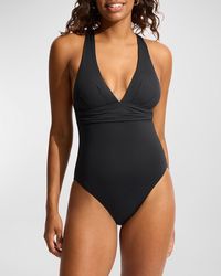 Seafolly - Plunge Cross-Back One-Piece Swimsuit - Lyst