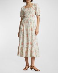 Polo Ralph Lauren - Floral-print Smocked Cotton Dress - Lyst