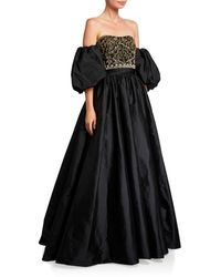 Theia Couture Beaded Bustier Taffeta Ball Gown W/ Detachable Balloon Sleeves - Black