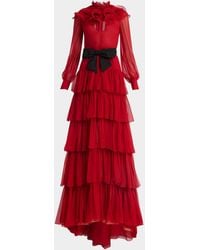 Valentino Garavani - Ruffled Long Keyhole Chiffon Gown With Bow Detail - Lyst