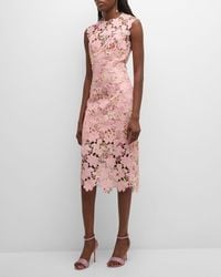 Monique Lhuillier - Jewel-Neck Sleeveless Printed Lace Sheath Midi Dress - Lyst