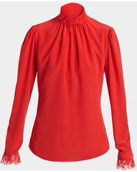 McQueen - Lace Ruffle-Neck Long-Sleeve Silk Top - Lyst