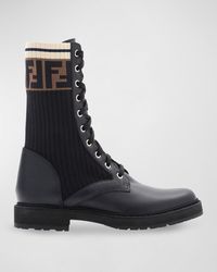 Fendi - Rockoko Leather & Knit Combat Boots - Lyst