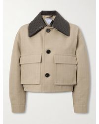 Bottega Veneta - Cropped Intrecciato Leather-Trimmed Wool-Twill Jacket - Lyst