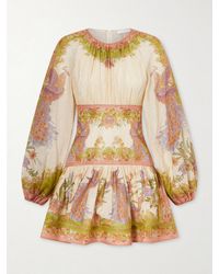 Zimmermann - Indra Gathered Floral-Print Metallic Cotton And Silk-Blend Chartreuse Mini Dress - Lyst