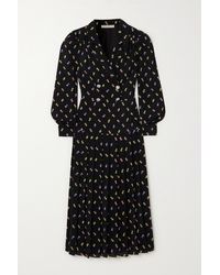 Alessandra Rich Pleated Floral-print Silk Crepe De Chine Midi Dress - Black